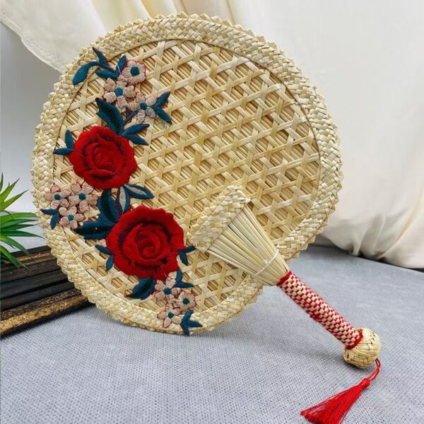 Handmade Woven Straw Fan with Embroidery – Traditional Chinese Craft